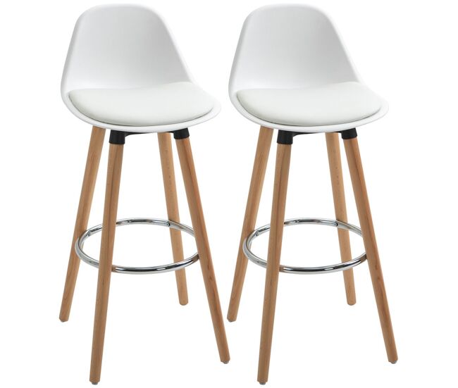 Homcom juego de 2 taburetes altos de cocina altura asiento 69 cm taburetes de bar sillas altas de cocina tapizado en pu con respaldo patas de madera para comedor blanco