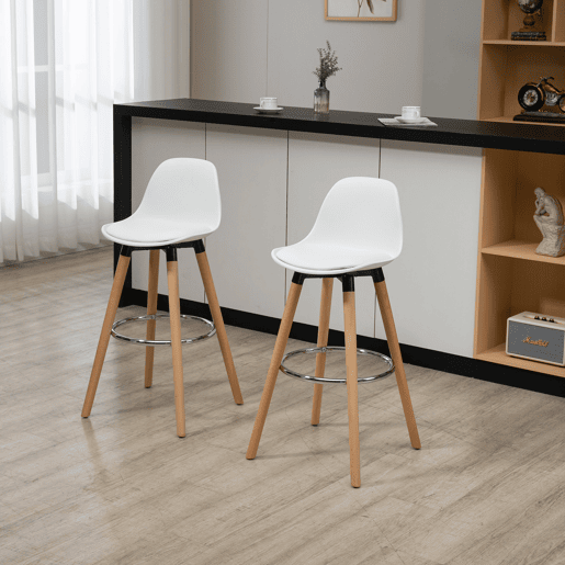 HOMCOM Conjunto de 2 Bancos de Bar Estofado em PU Bancos Altos de Cozinha com Assento de 69 cm e Pés de Madeira para Cozinha Sala de Jantar 38,5x42,5x91cm Branco