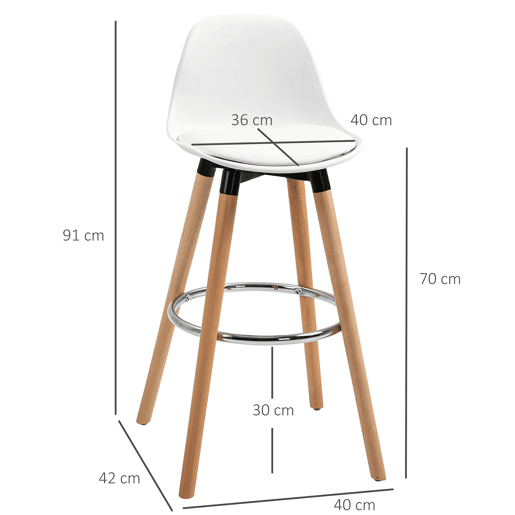 HOMCOM Conjunto de 2 Bancos de Bar Estofado em PU Bancos Altos de Cozinha com Assento de 69 cm e Pés de Madeira para Cozinha Sala de Jantar 38,5x42,5x91cm Branco