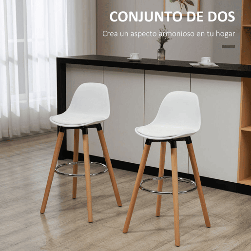 HOMCOM Conjunto de 2 Bancos de Bar Estofado em PU Bancos Altos de Cozinha com Assento de 69 cm e Pés de Madeira para Cozinha Sala de Jantar 38,5x42,5x91cm Branco