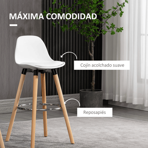 HOMCOM Conjunto de 2 Bancos de Bar Estofado em PU Bancos Altos de Cozinha com Assento de 69 cm e Pés de Madeira para Cozinha Sala de Jantar 38,5x42,5x91cm Branco