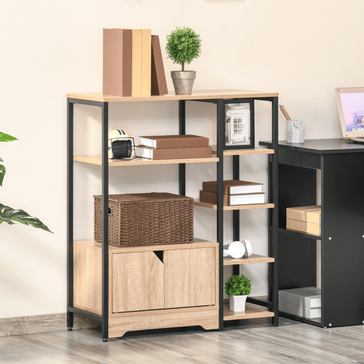 HOMCOM Estante para Livros com Múltiplas Prateleiras Abertas e 1 Armário com Porta Dupla Estante de Armazenamento para Escritório Sala de Estar 80x35x97cm Madeira Natural