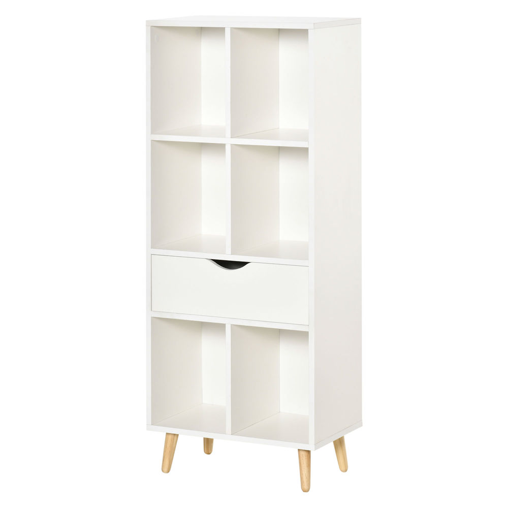 Homcom librería estantería para libros con 1 cajón y patas de madera 6 compartimentos abiertos de almacenaje plantas archivos para salón dormitorio oficina 50x29,5x120 cm blanco