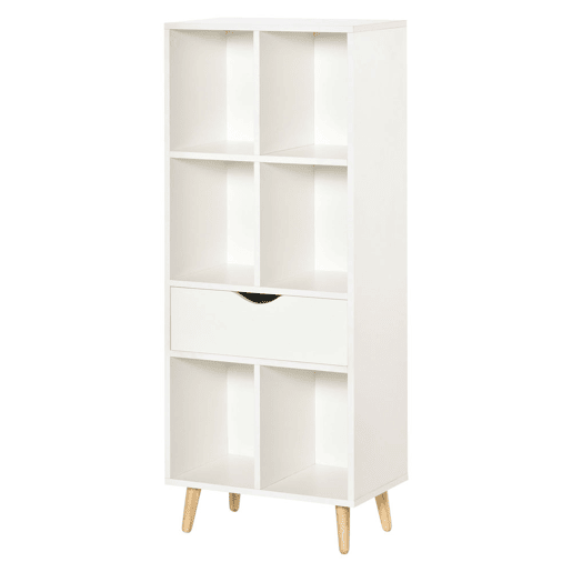 HOMCOM Estante para Livros com 6 Compartimentos Abertos 1 Gaveta e Pés de Madeira para Armazenamento de Brinquedos CDs Plantas 50x29,5x120cm Branco