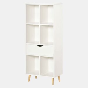 HOMCOM Estante para Livros com 6 Compartimentos Abertos 1 Gaveta e Pés de Madeira para Armazenamento de Brinquedos CDs Plantas 50x29,5x120cm Branco