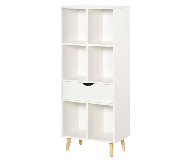 Homcom librería estantería para libros con 1 cajón y patas de madera 6 compartimentos abiertos de almacenaje plantas archivos para salón dormitorio