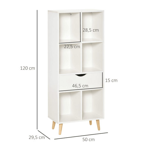 HOMCOM Estante para Livros com 6 Compartimentos Abertos 1 Gaveta e Pés de Madeira para Armazenamento de Brinquedos CDs Plantas 50x29,5x120cm Branco