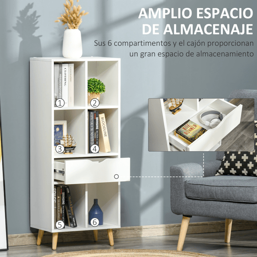 HOMCOM Estante para Livros com 6 Compartimentos Abertos 1 Gaveta e Pés de Madeira para Armazenamento de Brinquedos CDs Plantas 50x29,5x120cm Branco