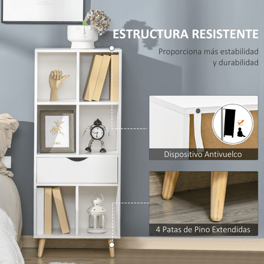 HOMCOM Estante para Livros com 6 Compartimentos Abertos 1 Gaveta e Pés de Madeira para Armazenamento de Brinquedos CDs Plantas 50x29,5x120cm Branco