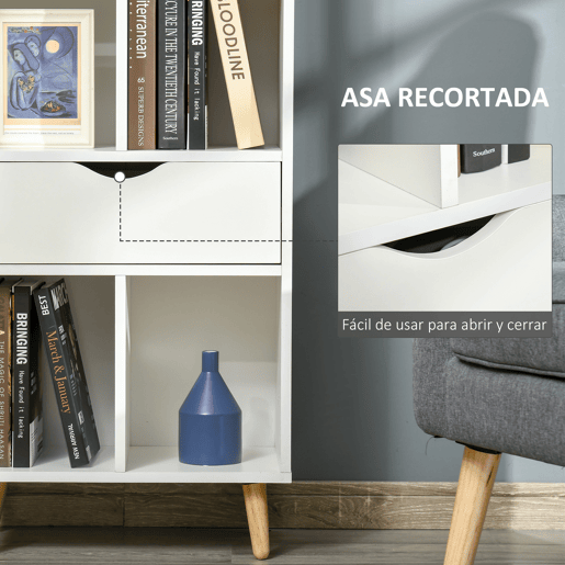 HOMCOM Estante para Livros com 6 Compartimentos Abertos 1 Gaveta e Pés de Madeira para Armazenamento de Brinquedos CDs Plantas 50x29,5x120cm Branco
