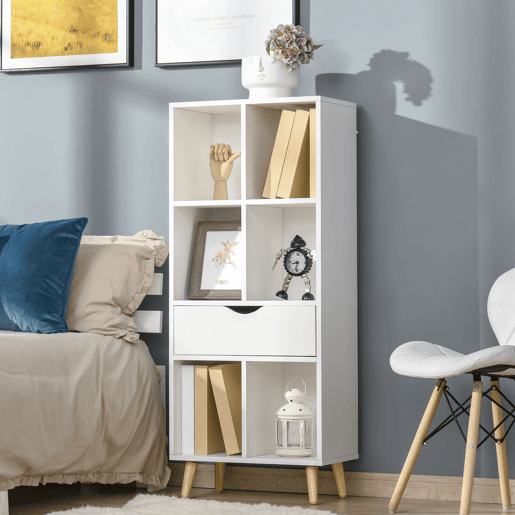 HOMCOM Estante para Livros com 6 Compartimentos Abertos 1 Gaveta e Pés de Madeira para Armazenamento de Brinquedos CDs Plantas 50x29,5x120cm Branco