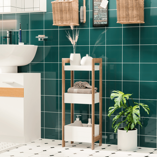 HOMCOM Móvel Auxiliar Banheiro com 3 Prateleiras Organizadoras de Bambu para 27,5x20,8x74 cm Cor Branco e Natural