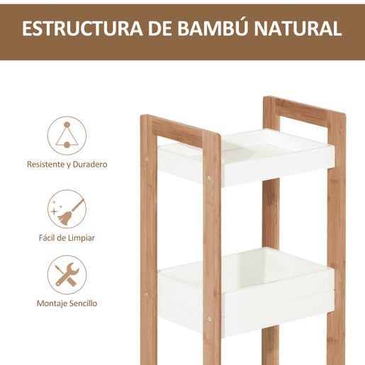 HOMCOM Móvel Auxiliar Banheiro com 3 Prateleiras Organizadoras de Bambu para 27,5x20,8x74 cm Cor Branco e Natural