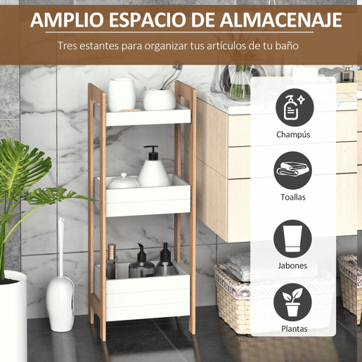 HOMCOM Móvel Auxiliar Banheiro com 3 Prateleiras Organizadoras de Bambu para 27,5x20,8x74 cm Cor Branco e Natural
