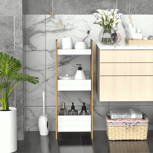 HOMCOM Móvel Auxiliar Banheiro com 3 Prateleiras Organizadoras de Bambu para 27,5x20,8x74 cm Cor Branco e Natural