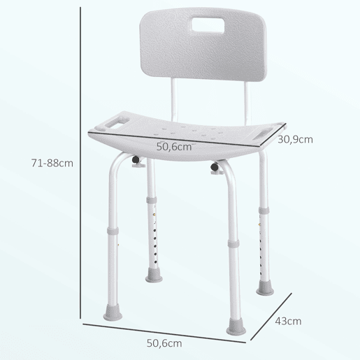 HOMCOM Cadeira para Duche Antiderrapante com Altura Ajustável em 8 Níveis Cadeira de Banho 50,6x43x71-88 cm Cinza