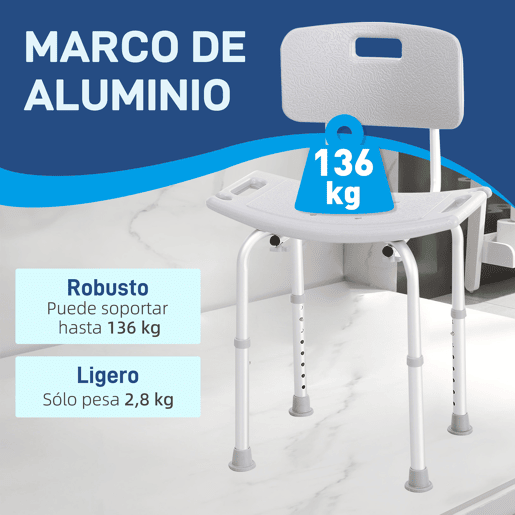 HOMCOM Cadeira para Duche Antiderrapante com Altura Ajustável em 8 Níveis Cadeira de Banho 50,6x43x71-88 cm Cinza