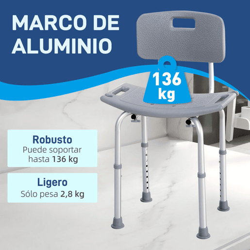HOMCOM Cadeira para Duche Antiderrapante com Altura Ajustável em 8 Níveis Cadeira de Banho 50,6x43x71-88 cm Cinza