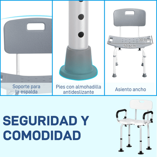 HOMCOM Cadeira para Duche Antiderrapante com Altura Ajustável em 8 Níveis Cadeira de Banho 50,6x43x71-88 cm Cinza