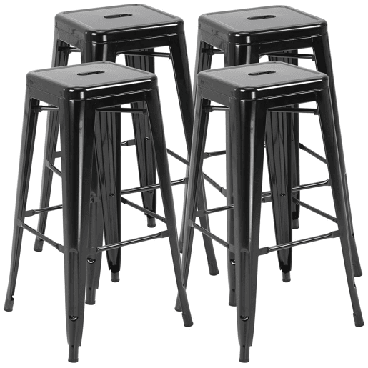 HOMCOM Conjunto de 4 Bancos de Bar Empilháveis Estilo Industrial com Apoios para Pés, Adequados para Interiores e Exteriores 43x43x76 cm Carga até 120 kg Cor Preto