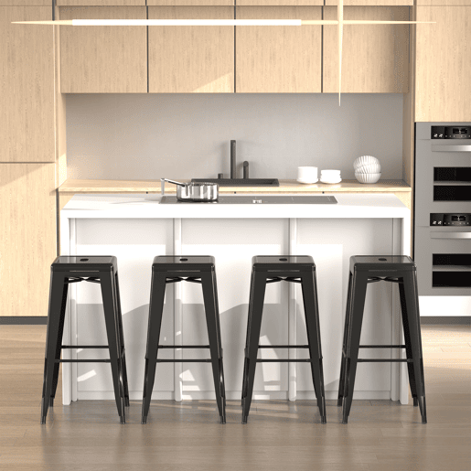 HOMCOM Conjunto de 4 Bancos de Bar Empilháveis Estilo Industrial com Apoios para Pés, Adequados para Interiores e Exteriores 43x43x76 cm Carga até 120 kg Cor Preto