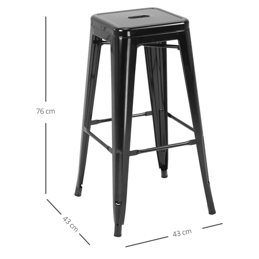 HOMCOM Conjunto de 4 Bancos de Bar Empilháveis Estilo Industrial com Apoios para Pés, Adequados para Interiores e Exteriores 43x43x76 cm Carga até 120 kg Cor Preto