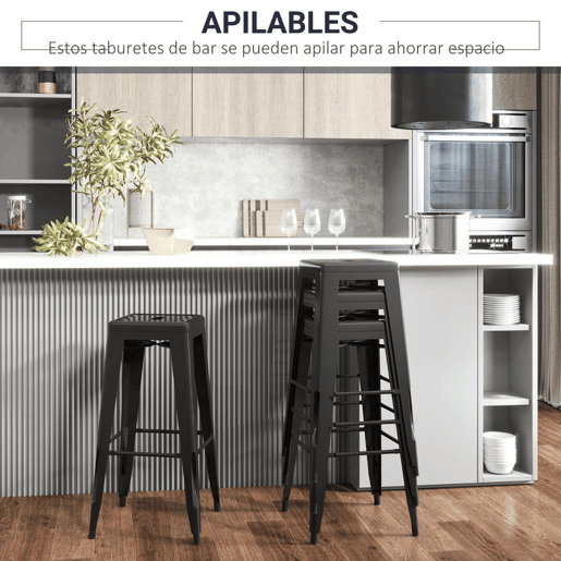 HOMCOM Conjunto de 4 Bancos de Bar Empilháveis Estilo Industrial com Apoios para Pés, Adequados para Interiores e Exteriores 43x43x76 cm Carga até 120 kg Cor Preto