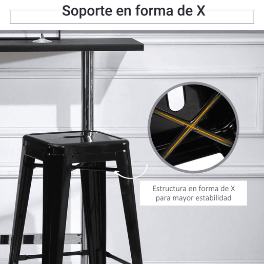 HOMCOM Conjunto de 4 Bancos de Bar Empilháveis Estilo Industrial com Apoios para Pés, Adequados para Interiores e Exteriores 43x43x76 cm Carga até 120 kg Cor Preto