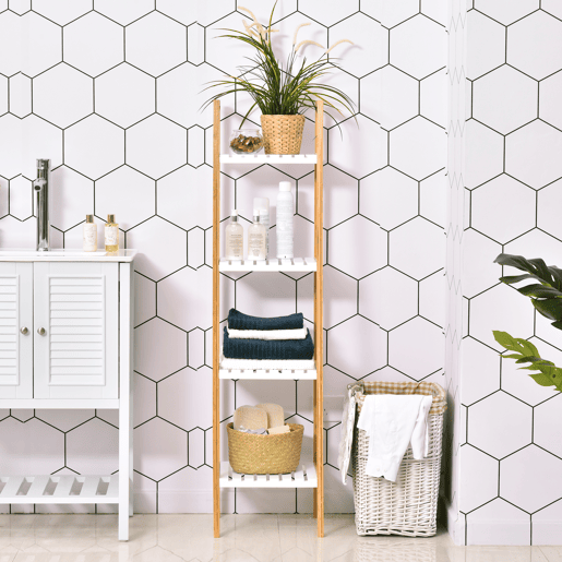 kleankin Prateleiras de banheiro com 5 níveis Estrutura de bambu e prateleiras de pinho 35x36x138.5cm Bambu branco e natural
