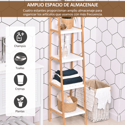 kleankin Prateleiras de banheiro com 5 níveis Estrutura de bambu e prateleiras de pinho 35x36x138.5cm Bambu branco e natural