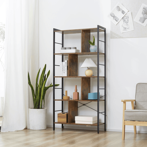 HOMCOM Estante para Livros de 4 Níveis com 8 Compartimentos de Armazenamento Estilo Industrial para Sala de Estar Escritório Dormitório 74x30x157,5cm Marrom Rústico