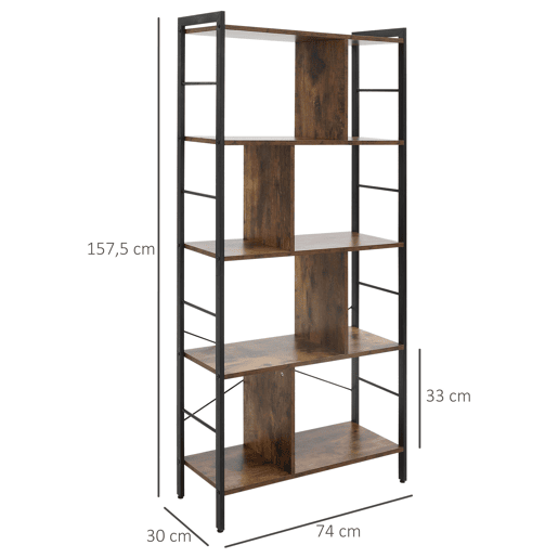 HOMCOM Estante para Livros de 4 Níveis com 8 Compartimentos de Armazenamento Estilo Industrial para Sala de Estar Escritório Dormitório 74x30x157,5cm Marrom Rústico