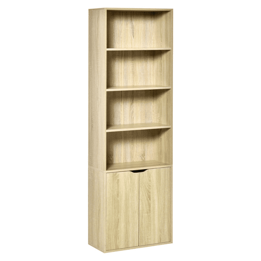 HOMCOM Estante para Livros de 6 Níveis, Estante com 2 Portas, 4 Prateleiras Abertas, Armário Alto para Sala, Escritório, 59x29x180 cm, Natural