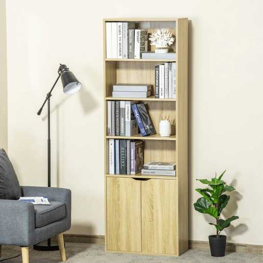 HOMCOM Estante para Livros de 6 Níveis, Estante com 2 Portas, 4 Prateleiras Abertas, Armário Alto para Sala, Escritório, 59x29x180 cm, Natural