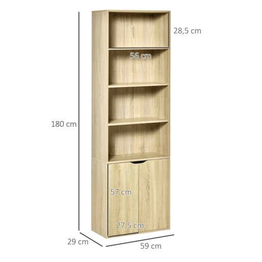 HOMCOM Estante para Livros de 6 Níveis, Estante com 2 Portas, 4 Prateleiras Abertas, Armário Alto para Sala, Escritório, 59x29x180 cm, Natural