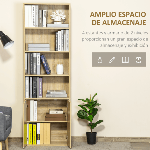 HOMCOM Estante para Livros de 6 Níveis, Estante com 2 Portas, 4 Prateleiras Abertas, Armário Alto para Sala, Escritório, 59x29x180 cm, Natural
