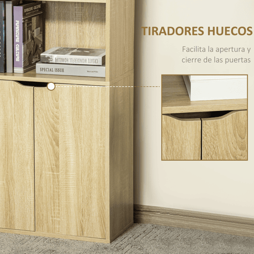 HOMCOM Estante para Livros de 6 Níveis, Estante com 2 Portas, 4 Prateleiras Abertas, Armário Alto para Sala, Escritório, 59x29x180 cm, Natural