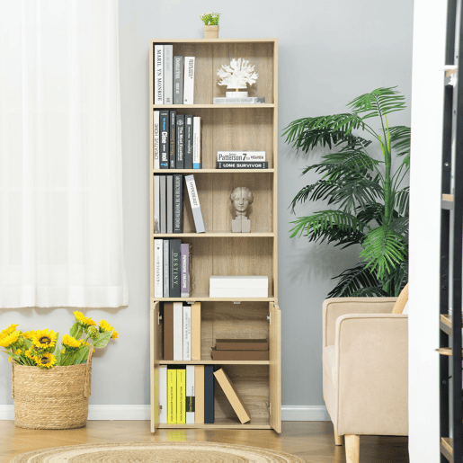 HOMCOM Estante para Livros de 6 Níveis, Estante com 2 Portas, 4 Prateleiras Abertas, Armário Alto para Sala, Escritório, 59x29x180 cm, Natural