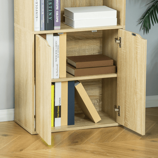 HOMCOM Estante para Livros de 6 Níveis, Estante com 2 Portas, 4 Prateleiras Abertas, Armário Alto para Sala, Escritório, 59x29x180 cm, Natural