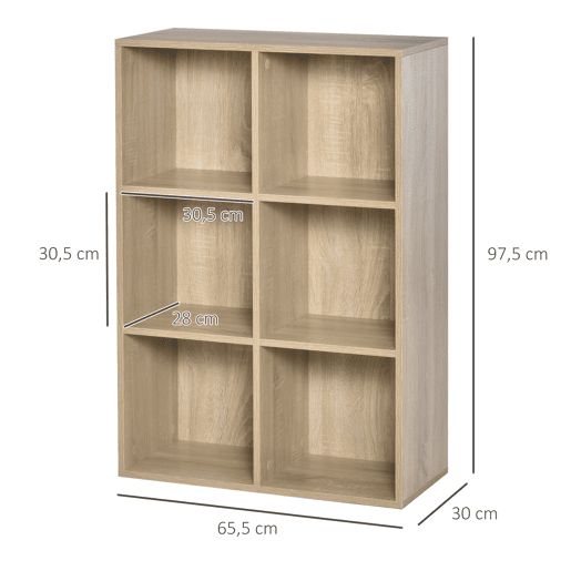 HOMCOM Estante de 3 Níveis, Estante para Livros com 6 Cubos de Arrumação, para Sala de Estar, Quarto, Escritório, 65,5x30x97,5 cm, Carvalho