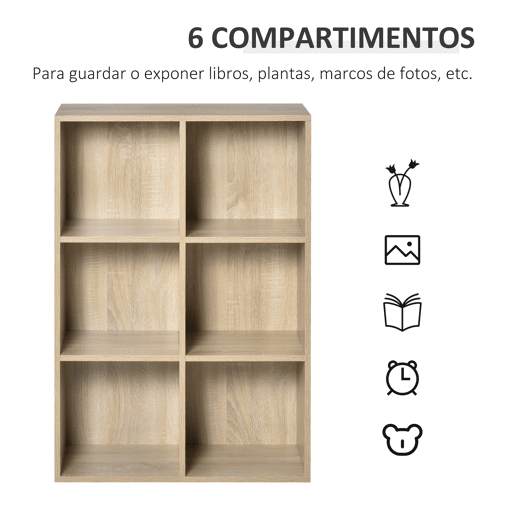 HOMCOM Estante de 3 Níveis, Estante para Livros com 6 Cubos de Arrumação, para Sala de Estar, Quarto, Escritório, 65,5x30x97,5 cm, Carvalho