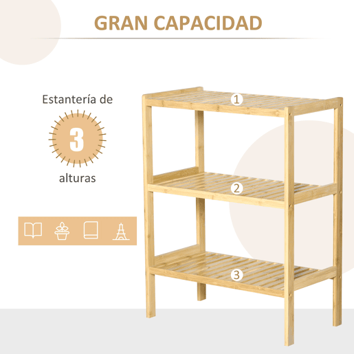 HOMCOM Estante de Bambu de 3 Níveis Móvel Organizador Multifuncional para Casa de Banho Cozinha Sala de Estar 62x33x80cm Natural