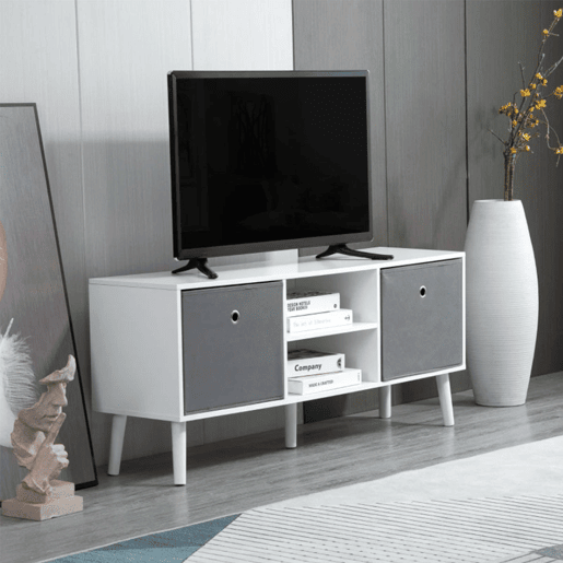 HOMCOM Móvel de TV para Televisores de até 50 Polegadas Móvel de Sala de Estar Moderno com 2 Gavetas de Tecido 2 Prateleiras Abertas e Orifício Passa Cabos 110x29x46,5cm Branco e Cinza