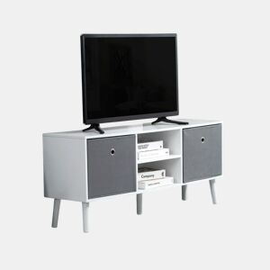HOMCOM Móvel de TV para Televisores de até 50 Polegadas Móvel de Sala de Estar Moderno com 2 Gavetas de Tecido 2 Prateleiras Abertas e Orifício Passa Cabos 110x29x46,5cm Branco e Cinza
