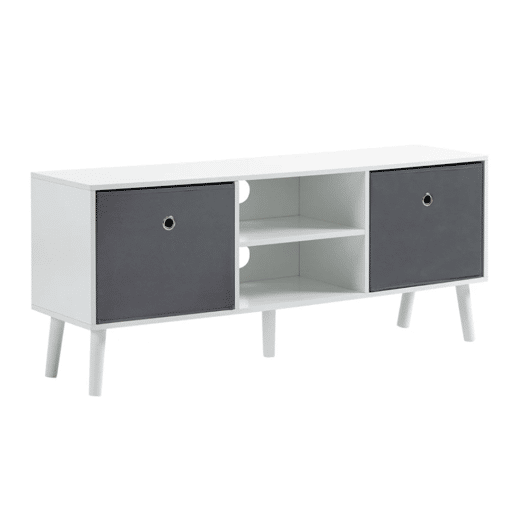 HOMCOM Móvel de TV para Televisores de até 50 Polegadas Móvel de Sala de Estar Moderno com 2 Gavetas de Tecido 2 Prateleiras Abertas e Orifício Passa Cabos 110x29x46,5cm Branco e Cinza