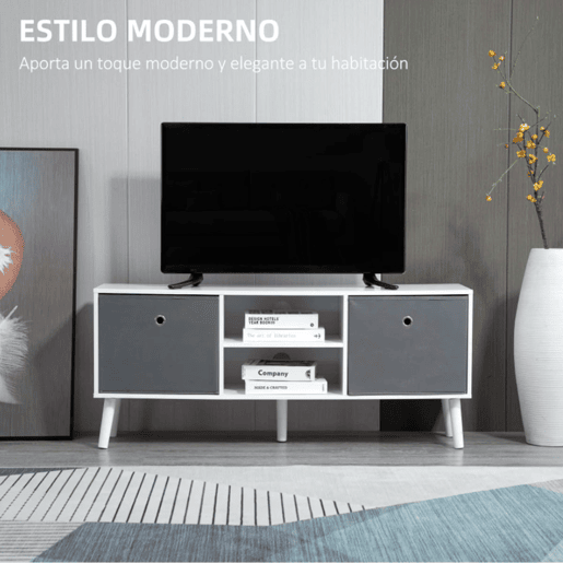 HOMCOM Móvel de TV para Televisores de até 50 Polegadas Móvel de Sala de Estar Moderno com 2 Gavetas de Tecido 2 Prateleiras Abertas e Orifício Passa Cabos 110x29x46,5cm Branco e Cinza