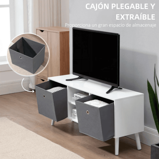 HOMCOM Móvel de TV para Televisores de até 50 Polegadas Móvel de Sala de Estar Moderno com 2 Gavetas de Tecido 2 Prateleiras Abertas e Orifício Passa Cabos 110x29x46,5cm Branco e Cinza