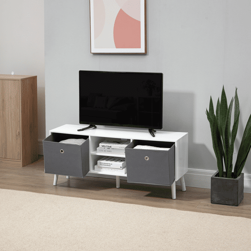 HOMCOM Móvel de TV para Televisores de até 50 Polegadas Móvel de Sala de Estar Moderno com 2 Gavetas de Tecido 2 Prateleiras Abertas e Orifício Passa Cabos 110x29x46,5cm Branco e Cinza