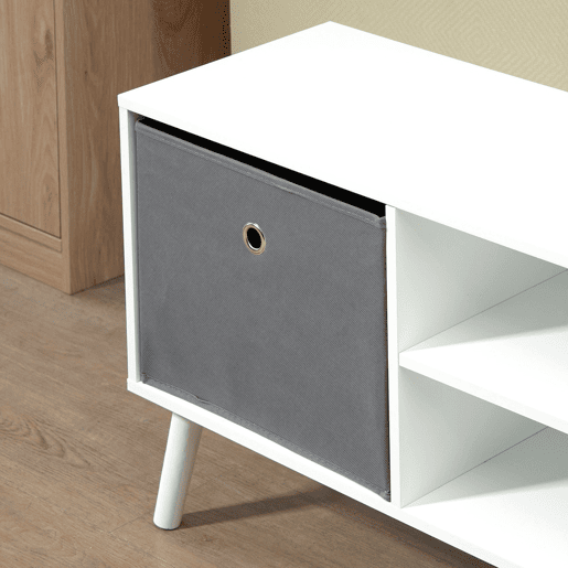 HOMCOM Móvel de TV para Televisores de até 50 Polegadas Móvel de Sala de Estar Moderno com 2 Gavetas de Tecido 2 Prateleiras Abertas e Orifício Passa Cabos 110x29x46,5cm Branco e Cinza