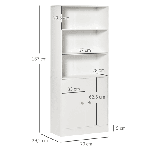 HOMCOM Estante para Livros com 3 Compartimentos Abertos e 1 Armário com Prateleira Ajustável Armazenamento para Sala de Estar Escritório 70x29,5x167 Branco